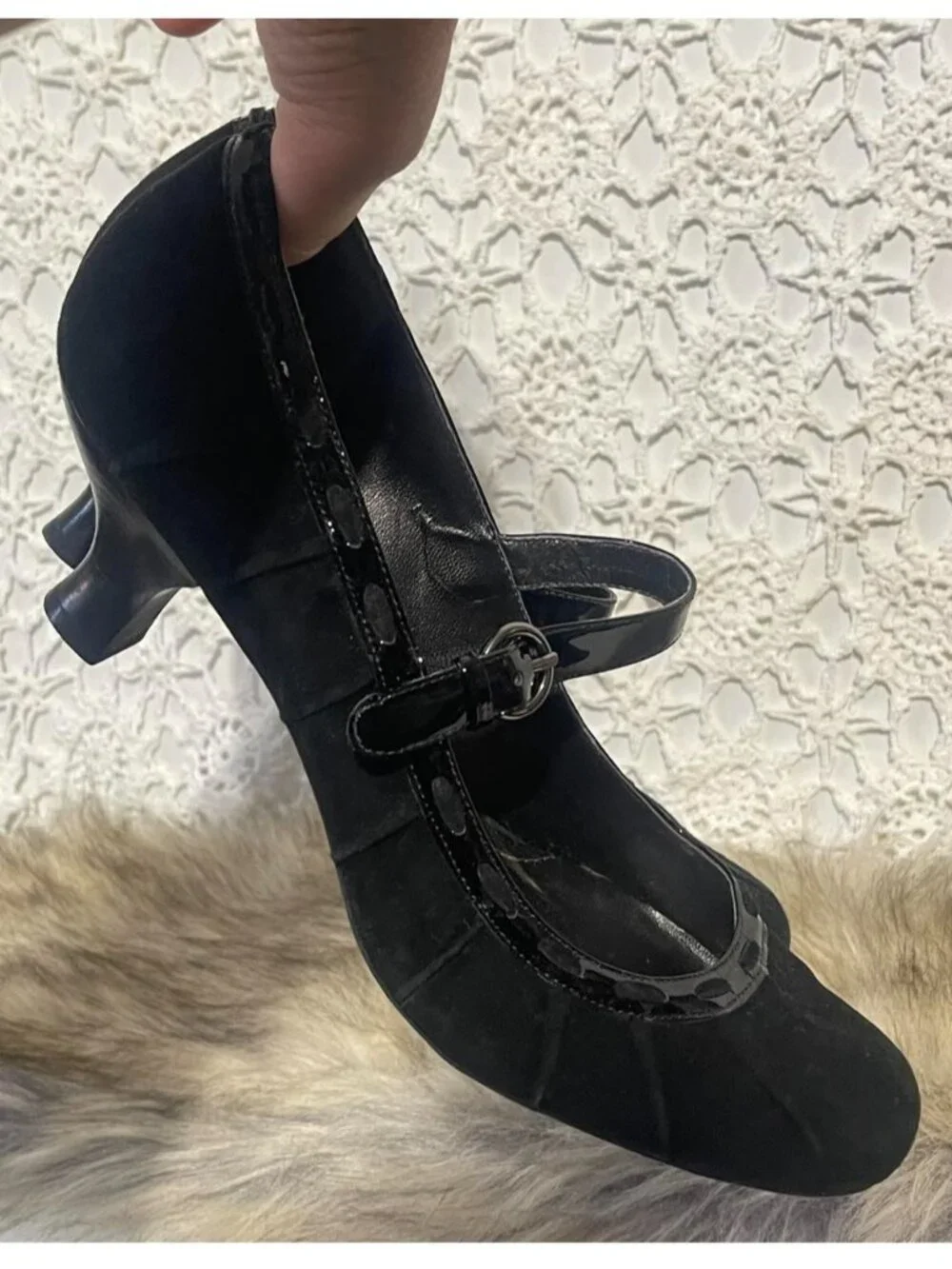 Franco Sarto black Mary Jane suede leather heels with buckle